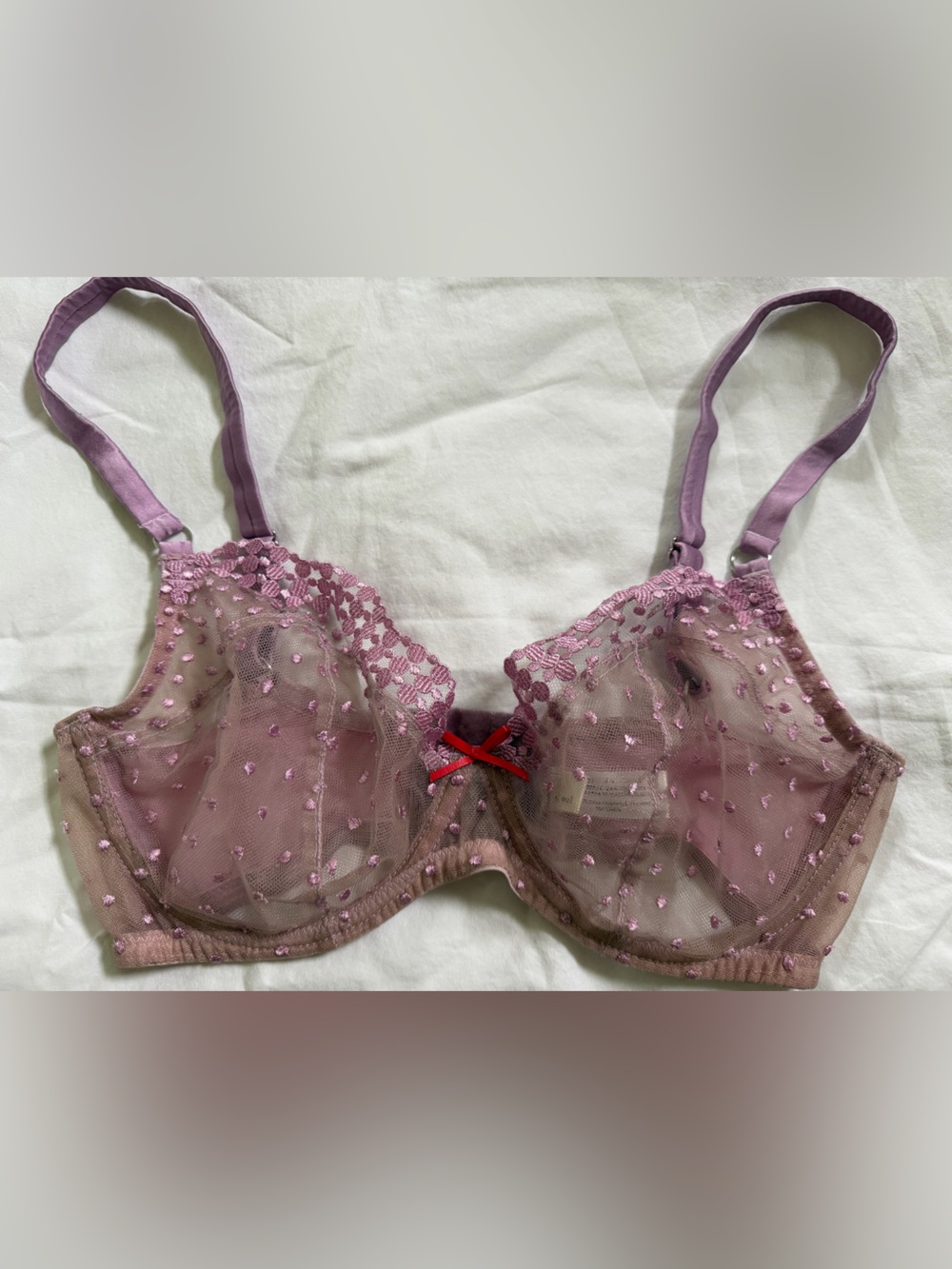 fleur du mal Sheer Lace Unlined Bra in Lavender with Red Accent